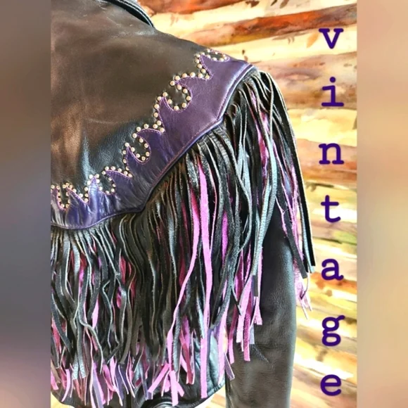 VTG 80s Black Leather Pink Purple Fringe Bike Zip Up Elastic Waist Jacket M - Picture 13 of 16